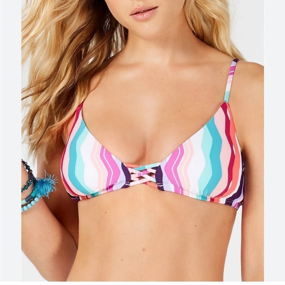 Bar III Multi Waves Printed Strappy Bralette Bikini Swim Top Pink Purple size L